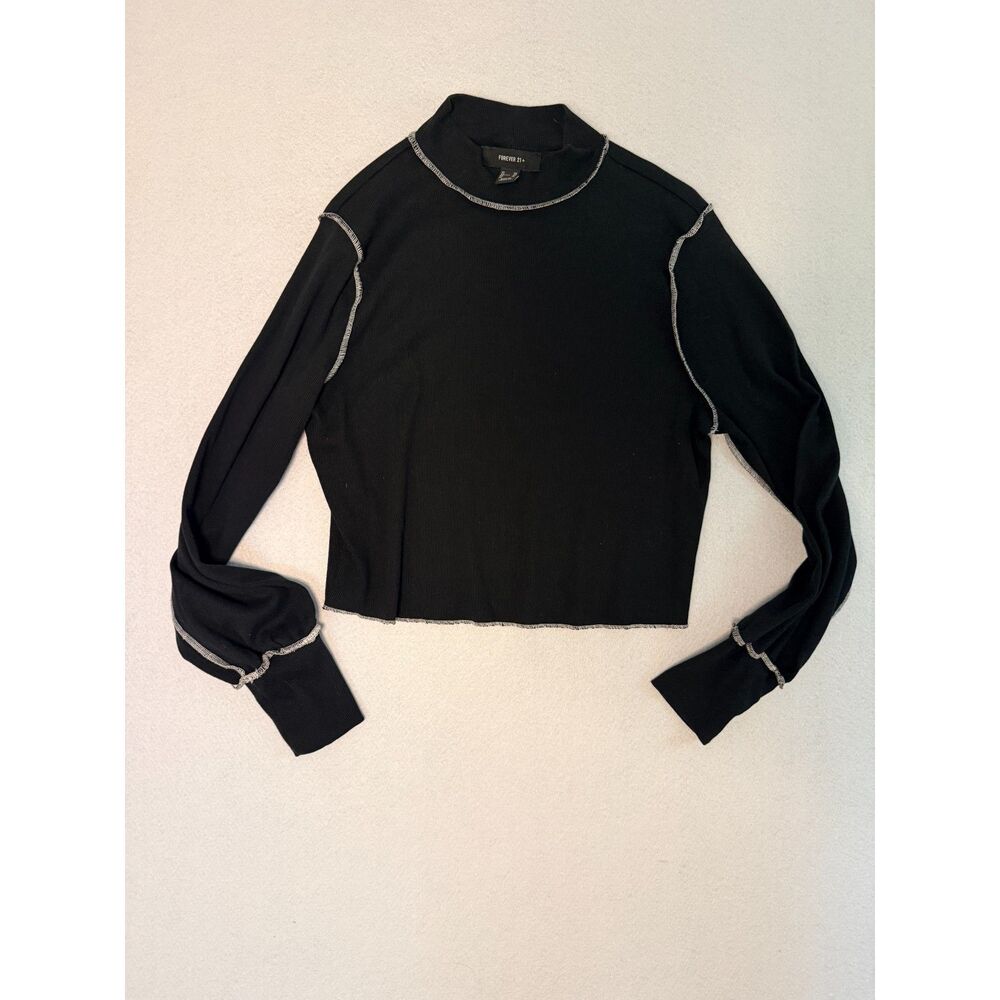 Forever 21 Black Ribbed Stitch Mock Neck Long Sleeve Top Size M Y2K Alt Fall